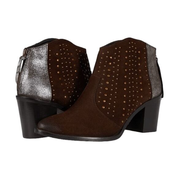 Very Volatile Zeke Studded Western Ankle Boots Brown Suede Stack Heel 7.5 - Picture 1 of 10